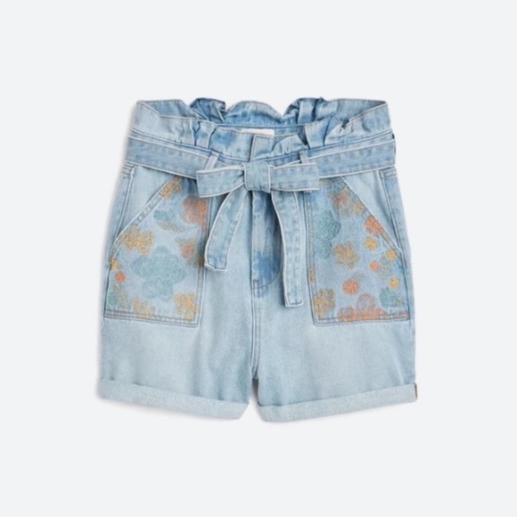 New! Driftwood paperbag embroidered high waisted rise jean shorts 28445 - Picture 2 of 10